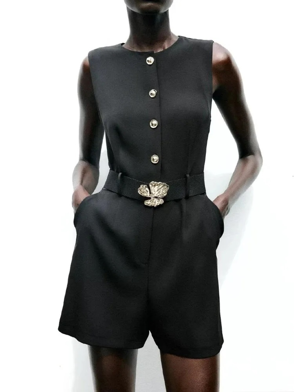 Zara Black Sleeveless Romper with Gold Button Detail